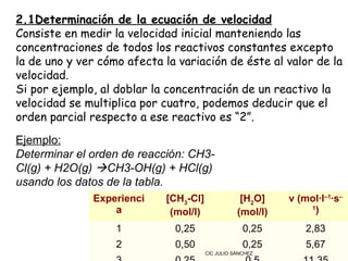2.1Determinación de la ecuación de velocidad
Consiste en medir la velocidad inicial manteniendo las
concentraciones de todos los reactivos constantes excepto
la de uno y ver cómo afecta la variación de éste al valor de la
velocidad.
Si por ejemplo, al doblar la concentración de un reactivo la
velocidad se multiplica por cuatro, podemos deducir que el
orden parcial respecto a ese reactivo es “2”.
Ejemplo:
Determinar el orden de reacción: CH3-
Cl(g) + H2O(g) CH3-OH(g) + HCl(g)
usando los datos de la tabla.
              Experienci     [CH3-Cl]               [H2O]    v (mol·l–1·s–
                  a           (mol/l)              (mol/l)
                                                                 1
                                                                  )
                   1          0,25                   0,25        2,83
                   2          0,50                   0,25        5,67
                                        CIC JULIO SÁNCHEZ
 