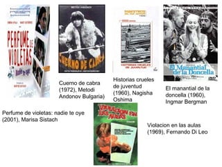 Perfume de violetas: nadie te oye (2001), Marisa Sistach Cuerno de cabra (1972), Metodi Andonov Bulgaria) El manantial de la doncella (1960), Ingmar Bergman Historias crueles de juventud (1960), Nagisha Oshima Violacion en las aulas (1969), Fernando Di Leo 
