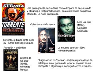 El agresor no es “normal”, padece alguna clase de patología: en el género de terror el asesino es un psicópata o alguien que conjuga fuerzas extrañas Torrente, el brazo tonto de la ley (1998), Santiago Segura Una protagonista secundaria como Amparo es secuestrada y obligada a realizar felaciones, pero este hecho no parece afectarle. Lo hace encantada. Violación = ninfomanía Abre los ojos (1997), Alejandro Amenábar La novena puerta (1999), Roman Polanski Agresión = anécdota La niña de tus ojos  (1998), Fernando Trueba. 