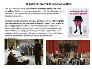 EL DISCRETO ENCANTO DE LA BURGUESÍA (1972)
Con esta película Buñuel ganó el Óscar a la mejor película de habla
no inglesa. Buñuel recuperó abiertamente el espíritu más irreverente e
iconoclasta del surrealismo en una variación sobre el esquema de El
ángel exterminador.
Las reuniones de un selecto grupo de burgueses se ven interrumpidas
por acontecimientos extraordinarios, algunos reales y otros producto
de su imaginación. La alternancia entre lo real y lo onírico produce
giros inesperados en la trama, en la que intervienen otros personajes
como militares, un obispo, policías, guerrilleros y campesinos, todos
causantes de interrupciones durante los frustrados intentos de los seis
primeros por sentarse a comer y disfrutar del encanto de
ser burgueses.
 