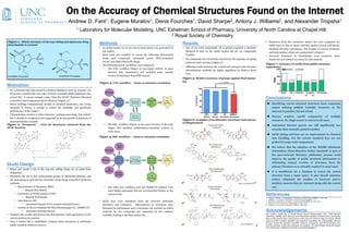 On the Accuracy of Chemical Structures Found on the Internet
                                                          Andrew D. Fant1, Eugene Muratov1, Denis Fourches1, David Sharpe2, Antony J. Williams2, and Alexander Tropsha1
                                                                   1   Laboratory for Molecular Modeling, UNC Eshelman School of Pharmacy, University of North Carolina at Chapel Hill;
                                                                                                               2 Royal Society of Chemistry

 Figure 1: Which structure of the top-selling anti-glaucoma drug
 dorzolamide is correct?                                                          Methods                                                               Results                                                                   • Structures from the consensus master list were compared (as
                                                                                                                                                                                                                                    InChI keys) to hits on name searches against several well-known
                                                                                  • An initial master set of 151 (out of 200) names was generated by    • Out of 151 total compounds, all 4 groups reported a structure             chemical structure repositories. The number of correct structures
                                                                                    one author.                                                           identical to that on the initial master list for 113 compounds            and total number of hits are summarized in Figure 7
                                                                                  • Each team was required to return the following information            (74.8%).                                                                • Incorrect structures in ChemSpider were corrected when
                                                                                    about each compound: systematic name, MOL-formatted                 • No compound was incorrectly reported by all 4 groups; no group            found, but not counted as correct for this analysis.
                                                                                    record, and JPEG/PNG/GIF image.                                       achieved 100% accuracy (Figure 5)
                                                                                  • The following search workflows were employed:                                                                                                 Figure 7: Accuracy of results from public structure
                                                                                                                                                        • Differing results between the curated and unsupervised structure        repositories
                                                                                      • The UNC workflow (Figure 3) was based entirely on open
                                                                                                                                                          determination methods are highly significant by Fisher’s Exact
                                                                                         Internet data repositories and included some manual
                                                                                                                                                          Test.
ChemSpider ID 4447604                            ChemSpider ID 23499154                  reentry of structures from PDF sources.
                                                                                                                                                        Figure 5: Relative accuracy of groups against final master
                                                                                                                                                        list
                                                                                  Figure 3: UNC workflow – Name to structure resolution
Motivation
• It is axiomatic that data stored in chemical databases must be accurate; yet
  it has been reported the error rate in freely-accessible public databases may
  exceed 8%.1 A recent example comes from the NCGC (National Chemical
  Genomics Center) pharmaceutical collection (Figure 2).2
                                                                                                                                                                                                                                  Conclusions
• When building computational models of chemical properties, one wrong                                                                                                                                                                 Identifying correct chemical structures from compound
  structure in twenty is enough to reduce the reliability and prediction                                                                                                                                                                names utilizing publicly available resources on the
  performance of the model.3                                                                                                                                                                                                            Internet is possible, but not trivial.
• Chemical data curation is labor-intensive, perhaps unexciting but critical;
                                                                                                                                                                                                                                       Success requires careful comparison of multiple
  but it should be recognized and supported as an inseparable component of
                                                                                                                                                        Figure 6: Examples of problematic structures and sources                        resources. No single source is correct in all cases.
  cheminformatics research                                                                                                                              of disagreement
Figure 2: “Neomycin” – First six structures retrieved from the                        •   The RSC workflow (Figure 4) was more iterative in the early                         Tautomeric Forms                                         Automated Internet queries are still significantly less
NCGC browser                                                                              stages, and included redistribution-restricted sources in                              Vardenafil
                                                                                                                                                                                                                                        accurate than manually guided searches.
                                                                                          some cases.
                                                                                                                                                                                                                                       InChI strings and keys are an improvement in chemical
                                                                                  Figure 4: RSC workflow – Name to structure resolution
                                                                                                                                                                                                                                        data handling, but the current standard keys are not
                                                                                                                                                                                                                                        perfect for large-scale comparisons.
                                                                                                                                                                               Pro-drug Forms
                                                                                                                                                                                 Olmesartan                                            We believe that the adoption of the MIABE (Minimum
                                                                                                                                                                                                                                        Information About Bioactive Entity) standard5 as part of
                                                                                                                                                                                                                                        the peer-reviewed literature publication process could
                                                                                                                                                                                                                                        improve the quality of public structural information by
                                                                                                                                                                                                                                        eliminating manual re-entry of structures from the
Study Design                                                                                                                                                                                                                            primary literature as is currently required in most cases.
• Select and curate a list of the top-200 selling drugs (as of 2006 from                                                                                                       Chiral Sulphoxides

  Wikipedia).
                                                                                                                                                                                 Esomeprazole                                          It is insufficient for a database to return the correct
• Distribute the list to four independent groups of cheminformaticians and                                                                                                                                                              structure from a name query. It also should minimize
  ask each group to generate the structures of the drugs using their preferred                                                                                                                                                          (better, eliminate) the number of incorrect and/or
  methods.                                                                                                                                              ✔                                                 RSC, AZ & IMIM/CT ✗           auxiliary answers that are returned along with the correct
      • Royal Society of Chemistry (RSC)                                              •   The other two workflows (AZ and IMIM/CT) utilized were                              Wrong Chirality                                           one.
                                                                                                                                                                               Pravastatin
              • Manual Web Search                                                         more highly automated and are not described further in the
      • University of North Carolina (UNC)
              • Manual Web Search
                                                                                          current work.                                                                                                                           References
                                                                                                                                                                                                                                  1    Young, D.; Martin, T.; Venkatapathy, R.; Harten, P. QSAR Comb Sci 2008, 27, 1337–1345.
                                                                                                                                                                                                                                  2    Williams, A. J.; Ekins, S.; Tkachenko, V. Drug Discov Today 2012, 1–17.
      • AstraZeneca (AZ)                                                          • InChI keys were calculated from the returned molecular                                                                                        3    Fourches, D.; Muratov, E.; Tropsha, A. J Chem Inf Model 2010, 50, 1189–1204.
              • Automated Search of Pre-curated Internal Source4                                                                                        ✔                                                   UNC               ✗   4    Muresan, S. et al. Drug Discov Today 2011, 16, 1019–1030.
                                                                                    structures and compared. Discrepancies in structures were                                   Just Plain Wrong                                  5    Orchard, S. et al. Nat Rev Drug Discov 2011, 10, 661–669.
      • Institut de Recera Hospital del Mar/Chemotargets S.L. (IMIM/CT)             discussed by participants and a consensus was reached on which                                 Paclitaxel
              • Automated Internet Search                                           structure for the compound was supported by the evidence                                                                                      Acknowledgements
• Compare the results and discuss any discrepancies until agreement on the                                                                                                                                                        The authors would like to thank Ricard Garcia (Chemotargets S.L), Jordi Mestres
                                                                                    available, leading to the final master list.                                                                                                  (Barcelona IMIM), Sorel Muresan and Christopher Southan (AstraZeneca), and Andrey
  correct structure is reached.                                                                                                                                                                                                   Erin (ACD/Labs) for their participation in the search for Internet drug structures. Phyllis
• Once a master list is established, compare those structures to individual                                                                                                                                                       Pugh provided workflow graphics and statistical consulting. We acknowledge software
                                                                                                                                                                                                                                  licenses donated by OpenEye Scientific Software, ChemAxon, and ACD/Labs that were
  public chemical structure sources.                                                                                                                    ✔                                                   UNC & IMIM/CT
                                                                                                                                                                                                                              ✗   used for portions of the data collection and analysis. AT acknowledges financial support
                                                                                                                                                                                                                                  from NIH (grant GM66940) and EPA (grant RD 83499901 ).
 