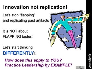 Innovation not replication! Let’s stop “flapping”  and replicating past artifacts It is NOT about  FLAPPING faster!! Let’s start thinking  DIFFERENTLY !! How does this apply to YOU?  Practice Leadership by EXAMPLE! 