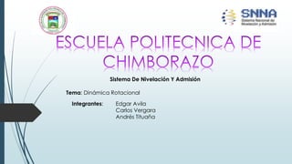 Integrantes: Edgar Avila
Carlos Vergara
Andrés Tituaña
Tema: Dinámica Rotacional
Sistema De Nivelación Y Admisión
 