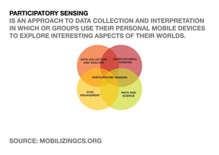 Participatory Sensing
is an approach to data collection and interpretation
in which or groups use their personal mobile devices
to explore interesting aspects of their worlds.




SOURCE: mobilizingcs.org
 