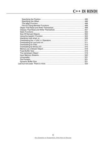 9
Any Question or Suggestion, Click Here to Discuss
C++ in Hindi
Specifying the Position..................................................................................... 496
Specifying the Offset........................................................................................ 496
The tellg() Function .......................................................................................... 498
File I/O Using Member Functions .................................................................... 498
Object That Read and Write Themselves............................................................ 498
Classes That Read and Write Themselves ......................................................... 501
Static Functions................................................................................................... 502
Size Of Derived Objects ...................................................................................... 502
Using the typeid( ) Function................................................................................. 503
Interaction with empl_io....................................................................................... 509
Overloading the << and >> Operators................................................................. 511
Overloading for cout and cin................................................................................ 511
Overloading for Files ........................................................................................... 513
Overloading for Binary I/O ................................................................................... 515
Memory as a Stream Object................................................................................ 518
Fixed Buffer Size ................................................................................................. 518
The ostrstream Object ......................................................................................... 519
Input Memory Streams ........................................................................................ 520
Universality .......................................................................................................... 521
File Pointers......................................................................................................... 521
Dynamic Buffer Size ............................................................................................ 521
Last but not Least. There is more…........................................................................ 525
 