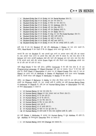 41
Any Question or Suggestion, Click Here to Discuss
C++ in Hindi
1 Student Entity Set ds gj Entity dk ,d Serial Number gksrk gSA
2 Student Entity Set ds gj Entity dk ,d uke gksrk gSA
3 Student Entity Set ds gj Entity ds firk dk uke gksrk gSA
4 Student Entity Set ds gj Entity dk ,d Address gksrk gSA
5 Student Entity Set ds gj Entity dh ,d City gksrh gSA
6 Student Entity Set ds gj Entity dh ,d District gksrh gSA
7 Student Entity Set ds gj Entity dk ,d State gksrk gSA
8 Student Entity Set ds gj Entity ds City dk ,d Pin Code Number gksrk gSA
9 Student Entity Set ds gj Entity dh dksbZ tkfr gksrh gSA
10 Student Entity Set ds gj Entity dk dksbZ jax gksrk gSA
11 Student Entity Set ds gj Entity dh dksbZ d{kk gksrh gSA
12 Student Entity Set ds gj Entity ds dn dh ,d yEckbZ gksrh gSA vkfn
blh rjg ls ge ,d Student dh dbZ vkSj Attributes o States dk irk yxk ldrs gSaA
pfy,] Real World esa ge ns[krs gSa fd gj Object viuk dke [kqn djrk gSA
ekuyks fd vki ,d Student gSaA D;k vkidks Hkw[k yxus ij vkidk [kkuk dksbZ vkSj [kk ldrk
gSA D;k vkidks I;kl yxus ij vkids fy, dksbZ vkSj ikuh ih ldrk gSA D;k ,slk gksrk gS fd
School tkrs le; vkidh Uniform dksbZ vkSj igus vkSj School vki pys tk,aA D;k ,slk gksrk
gS fd vkids cnys dksbZ vkSj vkidk Exam Fight djs vkSj feyus okyk Certificate vkids uke
dk gks vkSj vki dks izkIr gks tk,A
ugha! Real World esa ,slk ugha gksrkA blhfy, Computer esa Hkh ;fn ,slk gksrk gS] rks ml
Programming Language dks Object Oriented ugha dgk tk ldrkA “C++” esa Hkh ,slk ugha
gksrk gSA fdlh Class ds Description ds vk/kkj ij tks Object Create fd;k tkrk gS] ml gj
Object dk viuk Lo;a dk Attribute ;k States dks Represent djus okyk Lora= Variable
gksrk gS] ftlesa dsoy mlh Object ds Attributes ;k States ds eku gksrs gSaA
pfy,] vc Object ds Behavior ;k Ability ij FkksMk vkSj fopkj djrs gSaA ge lHkh bUlku gSaA
gekjh ,d Physical vkd`fr] jax] :i] yEckbZ vkfn gS] blfy, ge lHkh Human Being Class
ds Instances ;k Objects gSaA ;fn ge ,d Human Being Class dk Description nsuk pkgsa]
rks fuEu Description ns ldrs gSa%
1 gj Human Being dk ,d uke gksrk gSA
2 gj Human Being Object ds ikl mldk Lo;a dk fnekx gksrk gSA
3 gj Human Being ds nks gkFk gksrs gSaA
4 gj Human Being ds nks iSj gksrs gSaA
5 gj Human Being ds ,d flj gksrk gSA
6 gj Human Being ds flj ij cky gksrs gSaA
7 gj Human Being dku gksrs gSaa
8 gj Human Being ds nks vka[ksa gksrh gSaaA
9 gj Human Being ds psgjs ij ,d eqag gksrk gSA
10 gj Human Being ds nksuksa gkFkksa esa ikap&ikap vaxqfy;ka gksrh gSaA vkfn
bu lHkh States o Attributes ds vykok ,d Human Being esa dqN Abilities Hkh gksrh gSaA
dqN Abilities dks fuEukuqlkj Describe fd;k tk ldrk gS%
1 gj Human Being viuk uke Change dj ldrk gSA
 