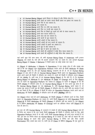 42
Any Question or Suggestion, Click Here to Discuss
C++ in Hindi
2 gj Human Being Object vius fnekx ls lksaprk gS vkSj fu.kZ; ysrk gSA
3 gj Human Being vius gkFkksa dk iz;ksx djds fdlh izdkj dk b”kkjk dj ldrk gSA
4 gj Human Being vius iSjksa ls py ldrk gSA
5 gj Human Being Hkkx ldrk gSA
6 gj Human Being vius flj ij Vksih j[k ldrk gSA
7 gj Human Being vius flj ij ixMh cka/k ldrk gSA
8 gj Human Being vius flj ds fc[kjs gq, ckyksa dks da?ks ls laokj ldrk gSA
9 gj Human Being vius cky dVok ldrk gSA
10 gj Human Being vius cky cMs dj ldrk gSA
11 gj Human Being vius dkuksa ls lqu ldrk gSA
12 gj Human Being viuh vka[kksa ls ns[k ldrk gSA
13 gj Human Being viuh vka[kksa dks cUn djds lks ldrk gSA
14 gj Human Being viuh vka[kksa ls b”kkjs dj ldrk gSA
15 gj Human Being vius eqag ls cksy ldrk gSA
16 gj Human Being vius eqag ls [kkuk [kk ldrk gSA
17 gj Human Being vius gkFkksa dh vaxqfy;ksa esa dksbZ pht idM ldrk gSA
18 gj Human Being vius gkFkksa dh vaxqfy;ksa ls dksbZ pht Qsad ldrk gSA
;gka geus dqN ,sls dke crk, tks lHkh Human Being Class ds Instances ;kuh bUlku
Objects dj ldrs gSaA ,sls vkSj Hkh gtkjksa mnkgj.k fn, tk ldrs gSaA D;k vkidks Human
Being Object ds States o Behavior esa fdlh izdkj dk dksbZ lEca/k irk pyk 
gj Object ds Attributes o Objects ds Operations esa ,d lEca/k gksrk gS vkSj lEca/k cl
;gh gS fd ,d Object dqN Operations Perform djds vius gh fdlh Attribute dh State
dks Change djrk gSA ge bl Human Being mnkgj.k dks gh ysa] rks gj Human Being
Object ds cky gksrs gSa vkSj gj Human Being Object fdlh izdkj dk Operation Perform
djds vius ckyksa dh fLFkfr esa ifjorZu dj ldrk gSA ckyksa dh fLFkfr esa ifjorZu djuk Object
dh ,d Ability gSA blh rjg ls gj Human Being Object ds iSj gksrs gSaA ;s iSj Human
Being Object dk Attribute gSA bl Attribute dh State dks Change djus ds fy, Object
ml ij pyus dk Operation Perform dj ldrk gSA Object ds pyus ls Object ds iSj dh
fLFkfr (State) esa ifjorZu gksrk gSA gj Human Being Object ds ikl viuk eqag gksrk gS tks
fd Human Being Object dk ,d Attribute gSA ;fn Human Being [kkuk [kkrk gS] rks
mldk eqag pyrk gS ;kuh eqag dh fLFkfr (State) esa ifjorZu gksrk gSA ;kuh ;fn ge lkjka”k esa dgsa
rks dg ldrs gSa fd gj Object esa fdlh Hkh izdkj dk Operation Perform djds vius Lo;a ds
Attributes dh fLFkfr (States) esa ifjorZu djus dh {kerk (Ability) gksrh gSA
,d Object dsoy Lo;a gh vius Attributes dh fLFkfr (State) esa ifjorZu djus ds fy,] fdlh
izdkj dk Operation Perform dj ldrk gSA ;kuh fdlh Object A dk dksbZ Operation fdlh
Object B ds fdlh Attributes dh fLFkfr (States) esa ifjorZu ugha dj ldrk gSA ,d Object
A ds fofHkUu Attributes dh States dks Change djus dk vf/kdkj dsoy mlh Object A ds
ikl gh gksrk gSA
bl ckr dks ;fn Human Being ds mnkgj.k ls le>sa rks dksbZ Human Being Object Lo;a gh
;s fu.kZ; dj ldrk gS fd mls mlds fdlh Attribute dh fLFkfr esa ifjorZu djus ds fy, dksbZ
Operation Perform djuk gS ;k ughaA ;kuh fdlh Human Being dks vius cky dVokus gSa ;k
ugha] bl ckr dk fu.kZ; dsoy og Human Being gh ys ldrk gSA ,slk ugha gks ldrk fd ml
Human Being ds cnys dksbZ nwljk Human Being ;s fu.kZ; djs vkSj fcuk mldh
Permission fy, mlds cky dkV nsA ;kuh ,d gh Class ds fofHkUu Objects Hkh ,d nwljs ij
 