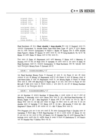 58
Any Question or Suggestion, Click Here to Discuss
C++ in Hindi
signed char : 1 Bytes
signed short : 2 Bytes
signed int : 4 Bytes
signed long : 4 Bytes
unsigned char : 1 Bytes
unsigned short: 2 Bytes
unsigned int : 4 Bytes
unsigned long : 4 Bytes
float : 4 Bytes
double : 8 Bytes
long double : 10 Bytes
Real Numbers dks C++ float, double o long double rhu rjg ls Support djrk gSA
T;knkrj Computers ij double Data Type float Data Type dh rqyuk esa nqxuk Bytes
ysrk gSA ;kuh T;knkrj Computers ij float 4 – Bytes dh Space ysrk gS tcfd double
Data Type 8 – Bytes dh Space dk iz;ksx djrk gSA tc fd long double 8, 10, 12 ;k 16
Bytes dk iz;ksx Data dks Store djus ds fy, djrk gSA
ftl izdkj ds Data dks Represent djus ;kuh Memory esa Store djus o Memory ls
Access djus ds fy, ge float izdkj ds Variable dk iz;ksx djrs gSa] ml izdkj ds Data dks
Real Numbers dgrs gSaA T;knkrj Computers ij Real Numbers tSls fd 123.45 lcls
igys fuEukuqlkj Binary Form esa Convert gksrs gSa%
123.45 = 1111011.011100112 * 27
tc Real Number Binary Form esa Convert gks tkrk gS] rc Point ds ckn dh la[;k
nleyo ds ckn dh Binary dks Represent djrh gS vkSj Point ls igys dh Binary la[;k ds
Left Hand Side ds vadksa dks Represent djrh gSA vc Binary Digits ds Point dks Float
fd;k tkrk gS] rkfd lHkh Bits Point ds Right Side esa vk tk,aA ,slk djus ij Point dks lkr
Bit Left esa Sift djuk iMrk gS] ftlls ?kkrkad 27
izkIr gksrk gSA vc gesa tks Binary Number
izkIr gksrk gS] og fuEukuqlkj gksrk gS%
123.45 = 0.1111011011100112 * 27
vc bl Number ds lkekU; Number ds Binary Bits o mlds ?kkrkad ds eku 7 nksuksa dks
Memory esa Internally vyx&vyx Store fd;k tkrk gSA 32 – Bit Float Real Number dh
Binary Digits dks 23 – Bits Segment esa Store gksrh gS vkSj ?kkrkad dk eku 8 – Bit esa
Store fd;k tkrk gSA ,d Bit }kjk la[;k dk Sign r; fd;k tkrk gSA blh rjg ls tc ge
double izdkj ds Variable esa eku Store djrs gSa] rc 64 – Bit double esa la[;k 52 – Bit
Segment esa Store gksrh gS vkSj ?kkrkad dks 11 – Bit esa Store fd;k tkrk gSA
fuEu Program }kjk ge ;s irk yxk ldrs gSa] fd gekjk Computer Float o Double izdkj ds
Variables esa fdrus Bits esa fdlh Real Number ds eku o mlds ?kkrkad dks Store dj jgk
gSA bl ckr dk irk yxkus ds fy, gesa float.h uke dh Header File dks viuh Source File esa
Include djuk t:jh gksrk gSA D;ksafd Float ds lEca/k esa ftrus Hkh Definitions gSa] mUgsa float.h
uke dh Header File esa Define fd;k x;k gSA
 