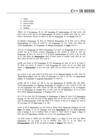 70
Any Question or Suggestion, Click Here to Discuss
C++ in Hindi
• shape
• social number
• room number
• hair color
• hobbies
fuf”pr :i ls Employee dh bu lHkh Qualities dh Administrator dks dksbZ t:jr ugha
gksxhA buesa ls dsoy dqN gh ckrsa Administrator dh leL;k ls lEcaf/kr gksaxh] ftUgsa og tkuuk
pkgsxkA ifj.kkeLo:i leL;k ds lek/kku ds fy, ge Employee dk ,d Model cukrs gSaA
bl Model esa Employee dh dsoy mu fo”ks’krkvksa (Properties) dks gh fy;k tkrk gS] ftldh
Administrator dks t:jr gks ldrh gSA tSls Employee dk uke] mldh tUe rkjh[k vkSj
mldh Qualification, bu Properties dks Model (Employee) dk Data dgrs gSaA
;kuh ge ,d Employee dh fofHkUu Properties esa ls dsoy mu Properties dks gh leL;k esa
mi;ksxh eku jgs gSa ftudh tkudkjh Properties ds fy, mi;ksxh gks ldrh gSA ;kuh ,d
Employee dh dsoy mu ckrksa dks ys jgs gSa ftudh Administrator dks t:jr gS “ks’k dks NksM
jgs gSaA blh izfØ;k dks Abstraction dgrs gSa ftlesa leL;k ls lEcaf/kr t:jh phtksa dks vU;
fcuk t:jr dh phtksa ls vyx fd;k tkrk gSA
gkykafd bl leL;k ds fy, Employee dh ftu Properties dks NksMk tk jgk gS] gks ldrk gS
fd fdlh vU; leL;k ds lek/kku esa mUgha Properties dh t:jr gksA rks ml fdlh nwljh
leL;k ds Abstraction esa izkIr gksus okyh t:jh ckrsa bl leL;k dh t:jh ckrksa ls vyx
gksaxhA
bl mnkgj.k ls ge le> ldrs gSa fd fdl izdkj ls ,d Abstract Model dk iz;ksx djds ,d
“Real World Object” ;kuh ,d O;fDr dks Describe dj ldrs gSa vkSj fQj ml Real World
Object dks Computer esa Logically Represent dj ldrs gSaA
gkykafd vHkh Hkh ;s fooj.k iw.kZ ugha gSA ;gka dqN Operations Hkh ifjHkkf’kr fd, tkus pkfg,a]
ftlls Administrator ml Abstract Employee dks Handle dj ldsA mnkgj.k ds fy, ;gka
,d ,slk Operation gksuk pkfg,] ftlls tc dksbZ u;k O;fDr Company esa vk, rks Program
esa Hkh u, Employee dks Create fd;k tk ldsA ;kuh gesa ,sls Operations dks Hkh r; djuk
gksxk ftudks Abstract Employee ij Perform fd;k tk ldsA
gesa ;s Hkh r; djuk gksxk fd Company ds Employees ds Data dks dsoy os gh Operations
Access dj ldsa ftUgsa ,slk djus ds fy, Define fd;k x;k gSA ,slk djus ij gesa”kk ;s fuf”pr
jgsxk fd Data Elements mudh lgh fLFkfr esa gSaA mnkgj.k ds fy, ge ;s Check dj ldrs gSa
fd D;k Input dh xbZ Date Valid gS ;k ughaA
lkjka”k esa dgsa rks Abstraction ,d ,slk rjhdk gS ftlls tfVy “Real Life” Problem dks muds
Data vkSj ¼Data ds eku dks Change djus okys½ Operations }kjk ,d Well Definedz
Unit ;k Entity ds :i esa O;ofLFkr fd;k tk ldrk gS] ftlesa leL;k ds Data o Data ij
dke djus okys Operations lfEefyr :i ls ,d lkFk Combined jgrs gSaA
tc fdlh leL;k ls izHkkfor gksus okys fofHkUu Data o mu Data ij dke djus okys fofHkUu
Operations dks ,d bdkbZ ds :i esa ifjHkkf’kr fd;k tkrk gS] rks bl izfØ;k dks
Encapsulation dgrs gSa vkSj bl Unit dks Entity ;k Object dgk tkrk gSA
 