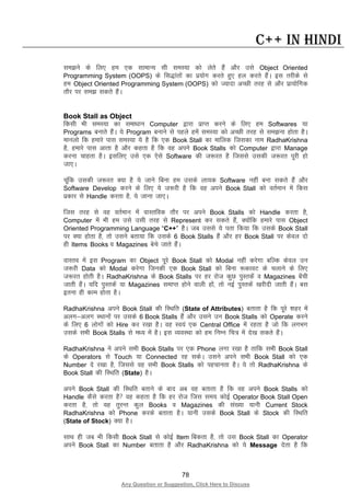78
Any Question or Suggestion, Click Here to Discuss
C++ in Hindi
le>us ds fy, ge ,d lkekU; lh leL;k dks ysrs gSa vkSj mls Object Oriented
Programming System (OOPS) ds fl)karksa dk iz;ksx djrs gq, gy djrs gSaA bl rjhds ls
ge Object Oriented Programming System (OOPS) dks T;knk vPNh rjg ls vkSj izk;ksfxd
rkSj ij le> ldrs gSaA
Book Stall as Object
fdlh Hkh leL;k dk lek/kku Computer }kjk izkIr djus ds fy, ge Softwares ;k
Programs cukrs gSaA ;s Program cukus ls igys gesa leL;k dks vPNh rjg ls le>uk gksrk gSA
ekuyks fd gekjs ikl leL;k ;s gS fd ,d Book Stall dk ekfyd ftldk uke RadhaKrishna
gS] gekjs ikl vkrk gS vkSj dgrk gS fd og vius Book Stalls dks Computer }kjk Manage
djuk pkgrk gSA blfy, mls ,d ,sls Software dh t:jr gS ftlls mldh t:jr iwjh gks
tk,A
pwafd mldh t:jr D;k gS ;s tkus fcuk ge mlds yk;d Software ugha cuk ldrs gSa vkSj
Software Develop djus ds fy, ;s t:jh gS fd og vius Book Stall dks orZeku esa fdl
izdkj ls Handle djrk gS] ;s tkuk tk,A
ftl rjg ls og orZeku esa okLrfod rkSj ij vius Book Stalls dks Handle djrk gS]
Computer esa Hkh ge mls mlh rjg ls Represent dj ldrs gSa] D;ksafd gekjs ikl Object
Oriented Programming Language “C++” gSA tc mlls ;s irk fd;k fd mlds Book Stall
ij D;k gksrk gS] rks mlus crk;k fd mlds 6 Book Stalls gSa vkSj gj Book Stall ij dsoy nks
gh Items Books o Magazines csps tkrs gSaA
okLro esa bl Program dk Object iwjs Book Stall dks Modal ugha djsxk cfYd dsoy mu
t:jh Data dks Modal djsxk ftudh ,d Book Stall dks fcuk :dkoV ds pykus ds fy,
t:jr gksrh gSA RadhaKrishna ds Book Stalls ij gj jkst dqN iqLrdsa o Magazines csaph
tkrh gSaA ;fn iqLrdsa ;k Magazines lekIr gksus okyh gksa] rks ubZ iqLrdsa [kjhnh tkrh gSaA cl
bruk gh dke gksrk gSA
RadhaKrishna vius Book Stall dh fLFkfr (State of Attributes) crkrk gS fd iwjs “kgj esa
vyx&vyx LFkkuksa ij mlds 6 Book Stalls gSa vkSj mlus mu Book Stalls dks Operate djus
ds fy, 6 yksxksa dks Hire dj j[kk gSA og Lo;a ,d Central Office esa jgrk gS tks fd yxHkx
mlds lHkh Book Stalls ls e/; esa gSA bl O;oLFkk dks ge fuEu fp= esa ns[k ldrs gSaA
RadhaKrishna us vius lHkh Book Stalls ij ,d Phone yxk j[kk gS rkfd lHkh Book Stall
ds Operators ls Touch ;k Connected jg ldsA mlus vius lHkh Book Stall dks ,d
Number ns j[kk gS] ftlls og lHkh Book Stalls dks igpkurk gSA ;s rks RadhaKrishna ds
Book Stall dh fLFkfr (State) gSA
vius Book Stall dh fLFkfr crkus ds ckn vc og crkrk gS fd og vius Book Stalls dks
Handle dSls djrk gS og dgrk gS fd gj jkst ftl le; dksbZ Operator Book Stall Open
djrk gS] rks og rqjUr dqy Books o Magazines dh la[;k ;kuh Current Stock
RadhaKrishna dks Phone djds crkrk gSA ;kuh mlds Book Stall ds Stock dh fLFkfr
(State of Stock) D;k gSA
lkFk gh tc Hkh fdlh Book Stall ls dksbZ Item fcdrk gS] rks ml Book Stall dk Operator
vius Book Stall dk Number crkrk gS vkSj RadhaKrishna dks ;s Message nsrk gS fd
 