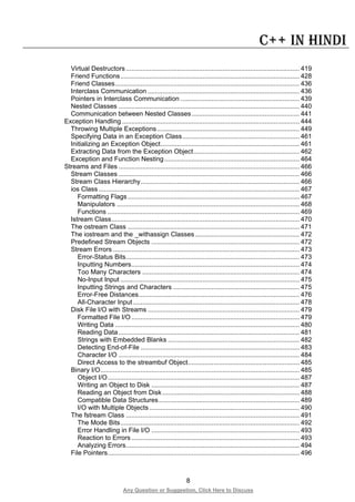 8
Any Question or Suggestion, Click Here to Discuss
C++ in Hindi
Virtual Destructors ............................................................................................... 419
Friend Functions.................................................................................................. 428
Friend Classes..................................................................................................... 436
Interclass Communication ................................................................................... 436
Pointers in Interclass Communication ................................................................. 439
Nested Classes ................................................................................................... 440
Communication between Nested Classes........................................................... 441
Exception Handling ................................................................................................. 444
Throwing Multiple Exceptions.............................................................................. 449
Specifying Data in an Exception Class................................................................ 461
Initializing an Exception Object............................................................................ 461
Extracting Data from the Exception Object.......................................................... 462
Exception and Function Nesting.......................................................................... 464
Streams and Files ................................................................................................... 466
Stream Classes ................................................................................................... 466
Stream Class Hierarchy....................................................................................... 466
ios Class.............................................................................................................. 467
Formatting Flags .............................................................................................. 467
Manipulators .................................................................................................... 468
Functions ......................................................................................................... 469
Istream Class....................................................................................................... 470
The ostream Class .............................................................................................. 471
The iostream and the _withassign Classes ......................................................... 472
Predefined Stream Objects ................................................................................. 472
Stream Errors ...................................................................................................... 473
Error-Status Bits............................................................................................... 473
Inputting Numbers............................................................................................ 474
Too Many Characters ...................................................................................... 474
No-Input Input .................................................................................................. 475
Inputting Strings and Characters ..................................................................... 475
Error-Free Distances........................................................................................ 476
All-Character Input ........................................................................................... 478
Disk File I/O with Streams ................................................................................... 479
Formatted File I/O ............................................................................................ 479
Writing Data ..................................................................................................... 480
Reading Data ................................................................................................... 481
Strings with Embedded Blanks ........................................................................ 482
Detecting End-of-File ....................................................................................... 483
Character I/O ................................................................................................... 484
Direct Access to the streambuf Object............................................................. 485
Binary I/O............................................................................................................. 485
Object I/O......................................................................................................... 487
Writing an Object to Disk ................................................................................. 487
Reading an Object from Disk ........................................................................... 488
Compatible Data Structures............................................................................. 489
I/O with Multiple Objects .................................................................................. 490
The fstream Class ............................................................................................... 491
The Mode Bits.................................................................................................. 492
Error Handling in File I/O ................................................................................. 493
Reaction to Errors ............................................................................................ 493
Analyzing Errors............................................................................................... 494
File Pointers......................................................................................................... 496
 