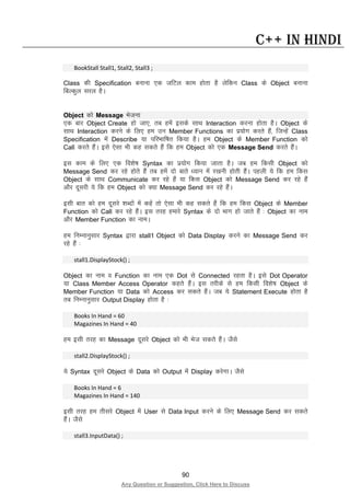 90
Any Question or Suggestion, Click Here to Discuss
C++ in Hindi
BookStall Stall1, Stall2, Stall3 ;
Class dh Specification cukuk ,d tfVy dke gksrk gS ysfdu Class ds Object cukuk
fcYdqy ljy gSA
Object dks Message Hkstuk
,d ckj Object Create gks tk,] rc gesa blds lkFk Interaction djuk gksrk gSA Object ds
lkFk Interaction djus ds fy, ge mu Member Functions dk iz;ksx djrs gSa] ftUgsa Class
Specification esa Describe ;k ifjHkkf’kr fd;k gSA ge Object ds Member Function dks
Call djrs gSaA bls ,slk Hkh dg ldrs gSa fd ge Object dks ,d Message Send djrs gSaA
bl dke ds fy, ,d fo”ks’k Syntax dk iz;ksx fd;k tkrk gSA tc ge fdlh Object dks
Message Send dj jgs gksrs gSa rc gesa nks ckrs /;ku esa j[kuh gksrh gSaA igyh ;s fd ge fdl
Object ds lkFk Communicate dj jgs gSa ;k fdl Object dks Message Send dj jgs gSa
vkSj nwljh ;s fd ge Object dks D;k Message Send dj jgs gSaA
blh ckr dks ge nwljs “kCnksa esa dgsa rks ,slk Hkh dg ldrs gSa fd ge fdl Object ds Member
Function dks Call dj jgs gSaA bl rjg gekjs Syntax ds nks Hkkx gks tkrs gSa % Object dk uke
vkSj Member Function dk ukeA
ge fuEukuqlkj Syntax }kjk stall1 Object dks Data Display djus dk Message Send dj
jgs gSa %
stall1.DisplayStock() ;
Object dk uke o Function dk uke ,d Dot ls Connected jgrk gSA bls Dot Operator
;k Class Member Access Operator dgrs gSaA bl rjhds ls ge fdlh fo”ks’k Object ds
Member Function ;k Data dks Access dj ldrs gSaA tc ;s Statement Execute gksrk gS
rc fuEukuqlkj Output Display gksrk gS %
Books In Hand = 60
Magazines In Hand = 40
ge blh rjg dk Message nwljs Object dks Hkh Hkst ldrs gSaA tSls
stall2.DisplayStock() ;
;s Syntax nwljs Object ds Data dks Output esa Display djsxkA tSls
Books In Hand = 6
Magazines In Hand = 140
blh rjg ge rhljs Object esa User ls Data Input djus ds fy, Message Send dj ldrs
gSaA tSls
stall3.InputData() ;
 
