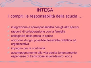INTESA
I compiti, le responsabilità della scuola …
integrazione e corresponsabilità con gli altri servizi
rapporti di collaborazione con la famiglia
collegialità della presa in carico
adozione di ogni possibile flessibilità didattica ed
organizzativa
impegno per la continuità
accompagnamento alla vita adulta (orientamento,
esperienze di transizione scuola-lavoro, ecc.)
 