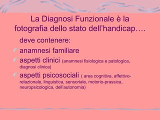 La Diagnosi Funzionale è la
fotografia dello stato dell’handicap….
deve contenere:
anamnesi familiare
aspetti clinici (anamnesi fisiologica e patologica,
diagnosi clinica)
aspetti psicosociali ( area cognitiva, affettivo-
relazionale, linguistica, sensoriale, motorio-prassica,
neuropsicologica, dell’autonomia)
 