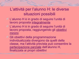 L’attività per l’alunno H: le diverse
situazioni possibili
L’alunno H è in grado di seguire l’unità di
lavoro proposta integralmente
L’alunno H è in grado di seguire l’unità di
lavoro proposta, raggiungendo gli obiettivi
minimi
Gli obiettivi della programmazione
individualizzata divergono da quelli della
classe, ma l’attività prevista può consentire la
partecipazione parziale dell’alunno H,
finalizzata ai propri obiettivi
 