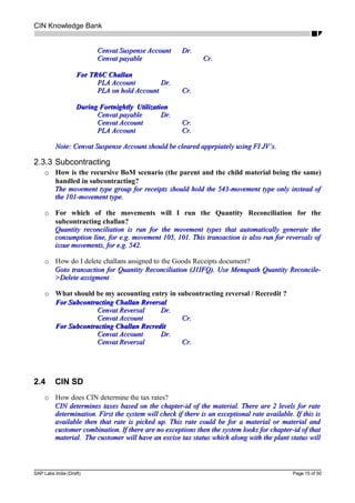 CIN Knowledge Bank
Cenvat Suspense AccountCenvat Suspense Account Dr.Dr.
Cenvat payableCenvat payable Cr.Cr.
For TR6C ChallanFor TR6C Challan
PLA AccountPLA Account Dr.Dr.
PLA on hold AccountPLA on hold Account Cr.Cr.
During Fortnightly UtilizationDuring Fortnightly Utilization
Cenvat payableCenvat payable Dr.Dr.
Cenvat AccountCenvat Account Cr.Cr.
PLA AccountPLA Account Cr.Cr.
Note: Cenvat Suspense Account should be cleared apprpiately using FI JV’s.Note: Cenvat Suspense Account should be cleared apprpiately using FI JV’s.
2.3.3 Subcontracting
o How is the recursive BoM scenario (the parent and the child material being the same)
handled in subcontracting?
The movement type group for receipts should hold the 543-movement type only instead ofThe movement type group for receipts should hold the 543-movement type only instead of
the 101-movement type.the 101-movement type.
o For which of the movements will I run the Quantity Reconciliation for the
subcontracting challan?
Quantity reconciliation is run for the movement types that automatically generate theQuantity reconciliation is run for the movement types that automatically generate the
consumption line, for e.g. movement 105, 101. This transaction is also run for reversals ofconsumption line, for e.g. movement 105, 101. This transaction is also run for reversals of
issue movements, for e.g. 542.issue movements, for e.g. 542.
o How do I delete challans assigned to the Goods Receipts document?
Goto transaction for Quantity Reconciliation (J1IFQ). Use Menupath Quantity Reconcile-Goto transaction for Quantity Reconciliation (J1IFQ). Use Menupath Quantity Reconcile-
>Delete assigment>Delete assigment
o What should be my accounting entry in subcontracting reversal / Recredit ?
For Subcontracting Challan ReversalFor Subcontracting Challan Reversal
Cenvat ReversalCenvat Reversal Dr.Dr.
Cenvat AccountCenvat Account Cr.Cr.
For Subcontracting Challan RecreditFor Subcontracting Challan Recredit
Cenvat AccountCenvat Account Dr.Dr.
Cenvat ReversalCenvat Reversal Cr.Cr.
2.4 CIN SD
o How does CIN determine the tax rates?
CIN determines taxes based on the chapter-id of the material. There are 2 levels for rateCIN determines taxes based on the chapter-id of the material. There are 2 levels for rate
determination. First the system will check if there is an exceptional rate available. If this isdetermination. First the system will check if there is an exceptional rate available. If this is
available then that rate is picked up. This rate could be for a material or material andavailable then that rate is picked up. This rate could be for a material or material and
customer combination. If there are no exceptions then the system looks for chapter-id of thatcustomer combination. If there are no exceptions then the system looks for chapter-id of that
material. The customer will have an excise tax status which along with the plant status willmaterial. The customer will have an excise tax status which along with the plant status will
SAP Labs India (Draft) Page 15 of 50
 