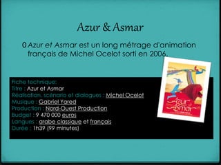 Azur & Asmar
0 Azur et Asmar est un long métrage d'animation
français de Michel Ocelot sorti en 2006.
Fiche technique:
Titre : Azur et Asmar
Réalisation, scénario et dialogues : Michel Ocelot
Musique : Gabriel Yared
Production : Nord-Ouest Production
Budget : 9 470 000 euros
Langues : arabe classique et français
Durée : 1h39 (99 minutes)
 