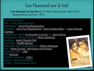 Les Hussard sur le toit
0 Le Hussard sur le toit est un film français de Jean-Paul
Rappeneau sorti en 1995.
Fiche technique:
Titre : Le Hussard sur le toit
Réalisation : Jean-Paul Rappeneau
Scénario : Jean-Paul Rappeneau, Nina Companéez et Jean-Claude
Carrière
Adapté du roman le Hussard sur le toit de Jean Giono
Producteur : Bernard Bouix et René Cleitman.
Musique : Jean-Claude Petit
Montage : Noëlle Boisson
Directeur de la photographie : Thierry Arbogast
Son : Pierre Gamet, Dominique Hennequin
Date de sortie : 1995
Film français
Format : Couleurs - 2,35:1
Genre : drame historique
Durée : 124 minutes sur dvd.
 