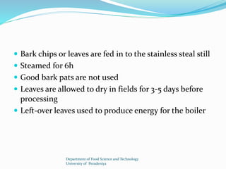  Bark chips or leaves are fed in to the stainless steal still 
 Steamed for 6h 
 Good bark pats are not used 
 Leaves are allowed to dry in fields for 3-5 days before 
processing 
 Left-over leaves used to produce energy for the boiler 
Department of Food Science and Technology 
University of Peradeniya 
 