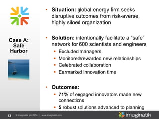 13 © Imaginatik plc 2014 | www.imaginatik.com
• Situation: global energy firm seeks
disruptive outcomes from risk-averse,
highly siloed organization
• Solution: intentionally facilitate a “safe”
network for 600 scientists and engineers
 Excluded managers
 Monitored/rewarded new relationships
 Celebrated collaboration
 Earmarked innovation time
• Outcomes:
 71% of engaged innovators made new
connections
 5 robust solutions advanced to planning
Case A:
Safe
Harbor
 