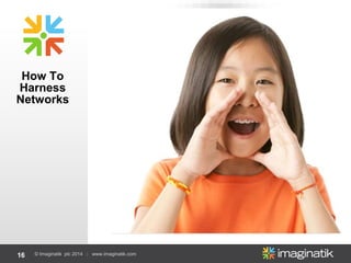 16 © Imaginatik plc 2014 | www.imaginatik.com
How To
Harness
Networks
Declare Project Teams as Insufficient
Decide Upon A Strategic Capability
Develop Collaborative Mindsets
Demand “Diversity”/ Defy Hierarchy
Deploy Platform &
Rewards
 