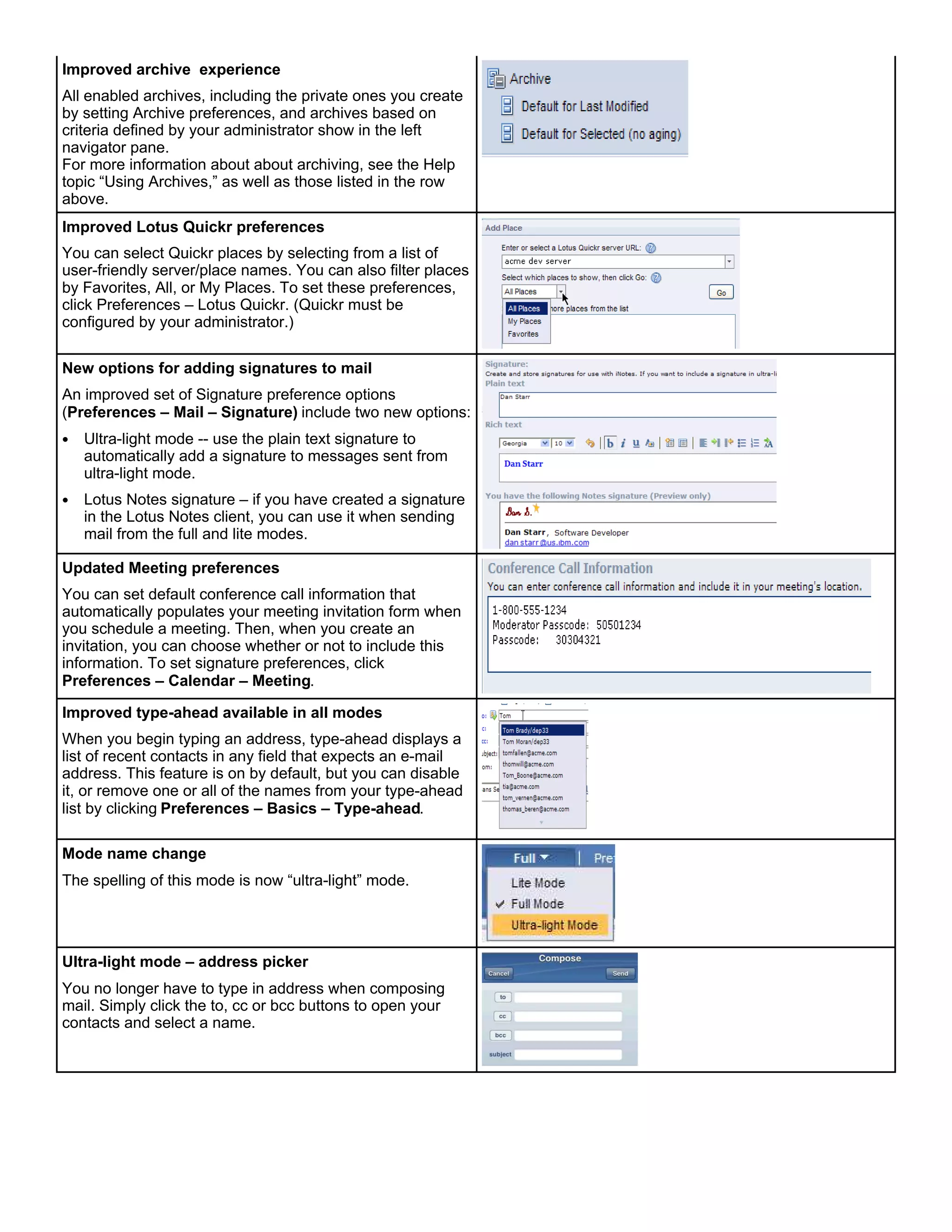 Improved archive experience
All enabled archives, including the private ones you create
by setting Archive preferences, and archives based on
criteria defined by your administrator show in the left
navigator pane.
For more information about about archiving, see the Help
topic “Using Archives,” as well as those listed in the row
above.
Improved Lotus Quickr preferences
You can select Quickr places by selecting from a list of
user-friendly server/place names. You can also filter places
by Favorites, All, or My Places. To set these preferences,
click Preferences – Lotus Quickr. (Quickr must be
configured by your administrator.)

New options for adding signatures to mail
An improved set of Signature preference options
(Preferences – Mail – Signature) include two new options:
•   Ultra-light mode -- use the plain text signature to
    automatically add a signature to messages sent from
    ultra-light mode.
•   Lotus Notes signature – if you have created a signature
    in the Lotus Notes client, you can use it when sending
    mail from the full and lite modes.

Updated Meeting preferences
You can set default conference call information that
automatically populates your meeting invitation form when
you schedule a meeting. Then, when you create an
invitation, you can choose whether or not to include this
information. To set signature preferences, click
Preferences – Calendar – Meeting.

Improved type-ahead available in all modes
When you begin typing an address, type-ahead displays a
list of recent contacts in any field that expects an e-mail
address. This feature is on by default, but you can disable
it, or remove one or all of the names from your type-ahead
list by clicking Preferences – Basics – Type-ahead.

Mode name change
The spelling of this mode is now “ultra-light” mode.




Ultra-light mode – address picker
You no longer have to type in address when composing
mail. Simply click the to, cc or bcc buttons to open your
contacts and select a name.
 