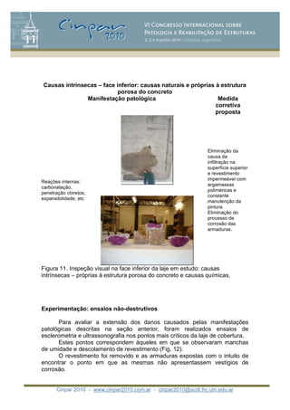 Cinpar 2010 - www.cinpar2010.com.ar - cinpar2010@scdt.frc.utn.edu.ar
Causas intrínsecas – face inferior: causas naturais e próprias à estrutura
porosa do concreto
Manifestação patológica Medida
corretiva
proposta
Reações internas:
carbonatação,
penetração cloretos,
expansibilidade, etc
Eliminação da
causa da
infiltração na
superfície superior
e revestimento
impermeável com
argamassas
poliméricas e
constante
manutenção da
pintura.
Eliminação do
processo de
corrosão das
armaduras.
Figura 11. Inspeção visual na face inferior da laje em estudo: causas
intrínsecas – próprias à estrutura porosa do concreto e causas químicas.
Experimentação: ensaios não-destrutivos
Para avaliar a extensão dos danos causados pelas manifestações
patológicas descritas na seção anterior, foram realizados ensaios de
esclerometria e ultrassonografia nos pontos mais críticos da laje de cobertura.
Estes pontos correspondem àqueles em que se observaram manchas
de umidade e descolamento de revestimento (Fig. 12).
O revestimento foi removido e as armaduras expostas com o intuito de
encontrar o ponto em que as mesmas não apresentassem vestígios de
corrosão.
 