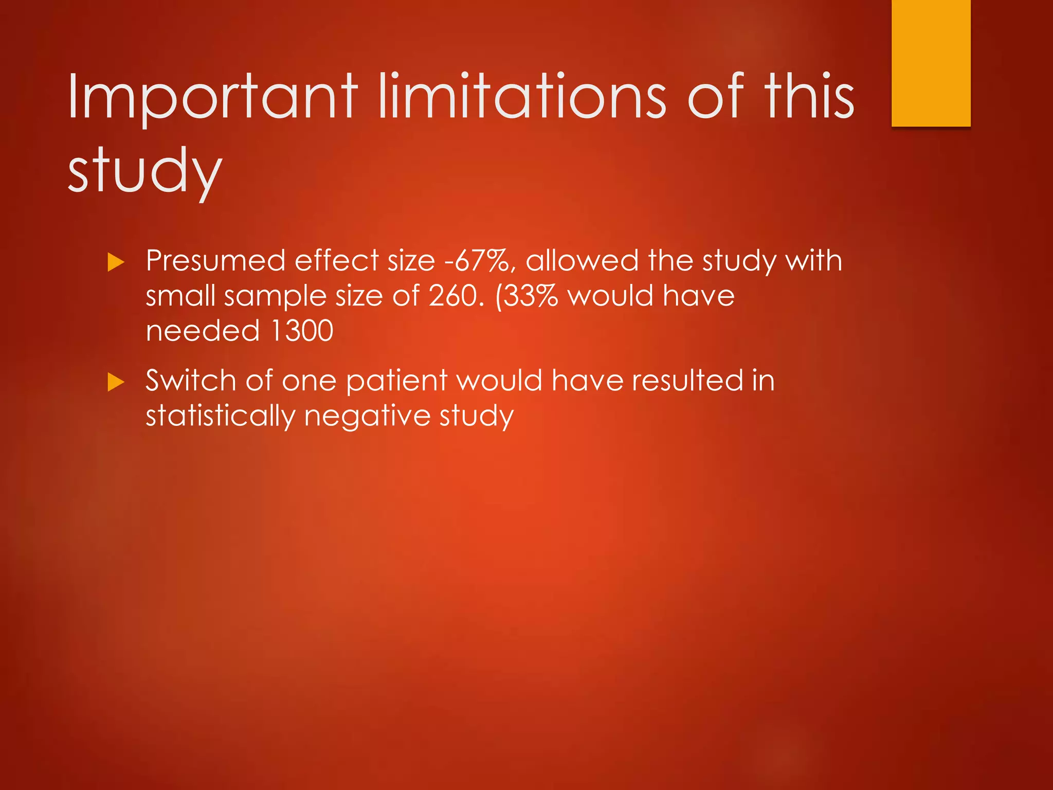 Important limitations of this
study
 Presumed effect size -67%, allowed the study with
small sample size of 260. (33% would have
needed 1300
 Switch of one patient would have resulted in
statistically negative study
 
