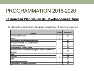 PROGRAMMATION 2015-2020
Le nouveau Plan wallon de Développement Rural
• 19 mesures opérationnelles pour développer l’économie rurale
 
