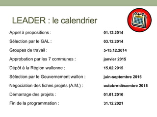 Appel à propositions : 01.12.2014
Sélection par le GAL : 03.12.2014
Groupes de travail : 5-15.12.2014
Approbation par les 7 communes : janvier 2015
Dépôt à la Région wallonne : 15.02.2015
Sélection par le Gouvernement wallon : juin-septembre 2015
Négociation des fiches projets (A.M.) : octobre-décembre 2015
Démarrage des projets : 01.01.2016
Fin de la programmation : 31.12.2021
LEADER : le calendrier
 