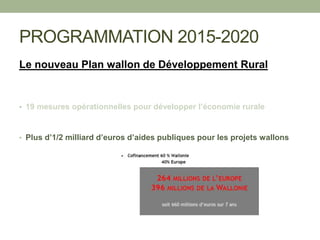 PROGRAMMATION 2015-2020
Le nouveau Plan wallon de Développement Rural
• 19 mesures opérationnelles pour développer l’économie rurale
• Plus d’1/2 milliard d’euros d’aides publiques pour les projets wallons
 