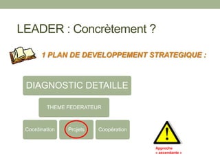 1 PLAN DE DEVELOPPEMENT STRATEGIQUE :
LEADER : Concrètement ?
DIAGNOSTIC DETAILLE
THEME FEDERATEUR
Coordination Projets Coopération
Approche
« ascendante »
 