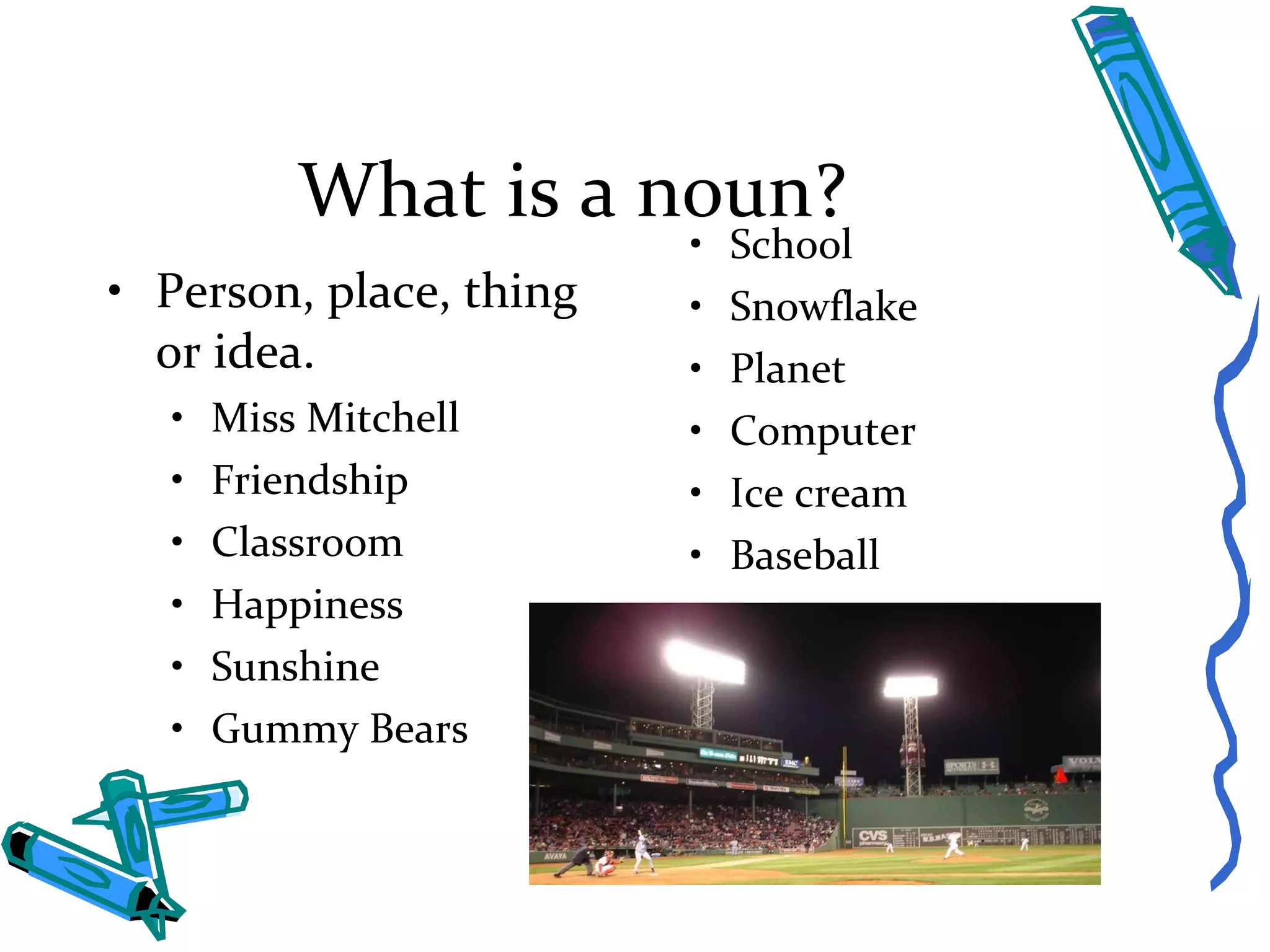 What is a noun? Person, place, thing or idea. Miss Mitchell Friendship Classroom Happiness Sunshine Gummy Bears School Snowflake Planet Computer Ice cream Baseball 