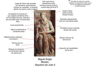 Dos rayos de luz                       El sustituir los rayos por cuernos
             Juega de forma más acusada              representa el halo                   obedece a la traducción al latín que se
                                                                                            hizo en la Vulgata de la referencia
              con asimetría: perfil derecho      luminoso que le envolvía                            al rostro luminoso
            cerrado por verticales e izquierdo     cuando bajó del Sinaí
            abierto con pierna, codo y cabeza
                                                                                 Gesto irritado
                                                                                (ceño fruncido,
     Ha elegido el momento en                                                   mirada furiosa)
    que, bajando del Monte Sinaí
  con las tablas de la ley, descubre
  que el pueblo judío ha traicionado                                         Diseñada originalmente
                 Dios                                                       para ser vista desde abajo

        Línea serpentinata




                                                         2`30 m.
                                                                             Terribilitá: fuerza contenida,
         Manos arrastrando la                                                     tensión del cuerpo
           ondulante barba


Majestuosidad, poderosa                                                     Efectos intensos de
      musculatura                                                               claroscuros

          Técnica del non
               finito

                                                                            Situación de inestabilidad
     Pliegues se retuercen
                                                                                    de los pies
     con profundos efectos
         de claroscuros



                                            Miguel Ángel.
                                               Moisés.
                                          Sepulcro de Julio II
 