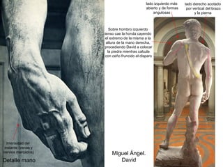 lado izquierdo más    lado derecho acotado
                                              abierto y de formas    por vertical del brazo
                                                  angulosas               y la pierna



                        Sobre hombro izquierdo
                     tenso cae la honda cayendo
                      el extremo de la misma a la
                      altura de la mano derecha,
                     procediendo David a colocar
                       la piedra mientras calcula
                      con ceño fruncido el disparo




   Intensidad del
 instante (venas y
nervios marcados)        Miguel Ángel.
Detalle mano                David
 