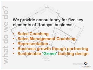whatdowedo?
We provide consultancy for five key
elements of „todays‟ business:
• Sales Coaching
• Sales Management Coaching
• Representation
• Business growth though partnering
• Sustainable „Green‟ building design
 