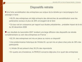 Dispositifs retraite Une forte sensibilisation des entreprises aux enjeux de la retraite qui s’accompagne d’un passage à l’acte : 49,2% des entreprises ont déjà entrepris des démarches de sensibilisation avec les partenaires sociaux et plus de 26% envisagent de le faire Ce taux est en croissance par rapport aux études précédentes ; probable impact de la loi du 30 décembre 2006 Les résultats du baromètre 2007 révèlent une large diffusion des dispositifs de retraite complémentaire au sein des entreprises en France  : 62,3% des entreprises ont mis en place au moins un dispositif Une prédominance historique de l’Article 83, qui est mis en place chez près de 38% des participants L’Article 39 est présent chez 30,3% des répondants En quatre ans d’existence, le PERCO concerne déjà plus d’un quart des entreprises 