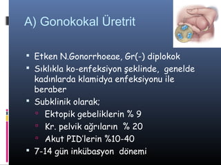 A) Gonokokal Üretrit

 Etken N.Gonorrhoeae, Gr(-) diplokok
 Sıklıkla ko-enfeksiyon şeklinde, genelde
  kadınlarda klamidya enfeksiyonu ile
  beraber
 Subklinik olarak;
   Ektopik gebeliklerin % 9
   Kr. pelvik ağrıların % 20
   Akut PID’lerin %10-40
 7-14 gün inkübasyon dönemi
 