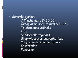  Sorumlu ajanlar;
        C.Trachomatis (%30-50)
        Üreaplazma ürealitikum(%20-25)
        Trichomanas vajinalis
        HSV
        Gardnerella vaginalis
        Staphylococcus saprophyticus
        Corynebacterium genitalium
        Koliformlar
        Funguslar
 