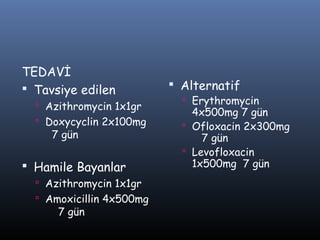 TEDAVİ
 Tavsiye edilen           Alternatif
                             Erythromycin
   Azithromycin 1x1gr
                              4x500mg 7 gün
   Doxycyclin 2x100mg       Ofloxacin 2x300mg
     7 gün                      7 gün
                             Levofloxacin
 Hamile Bayanlar             1x500mg 7 gün
   Azithromycin 1x1gr
   Amoxicillin 4x500mg
      7 gün
 