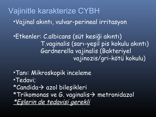 Vajinitle karakterize CYBH
 •Vajinal akıntı, vulvar-perineal irritasyon

 •Etkenler: C.albicans (süt kesiği akıntı)
          T.vaginalis (sarı-yeşil pis kokulu akıntı)
          Gardnerella vajinalis (Bakteriyel
                       vajinozis/gri-kötü kokulu)

 •Tanı: Mikroskopik inceleme
 •Tedavi;
 *Candida azol bileşikleri
 *Trikomonas ve G. vaginalis metronidazol
 *Eşlerin de tedavisi gerekli
 