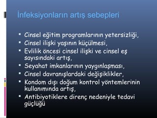 İnfeksiyonların artış sebepleri

 Cinsel eğitim programlarının yetersizliği,
 Cinsel ilişki yaşının küçülmesi,
 Evlilik öncesi cinsel ilişki ve cinsel eş
    sayısındaki artış,
   Seyahat imkanlarının yaygınlaşması,
   Cinsel davranışlardaki değişiklikler,
   Kondom dışı doğum kontrol yöntemlerinin
    kullanımında artış,
   Antibiyotiklere direnç nedeniyle tedavi
    güçlüğü
 