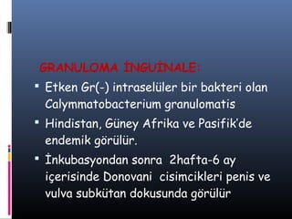 GRANULOMA İNGUİNALE:
 Etken Gr(-) intraselüler bir bakteri olan
 Calymmatobacterium granulomatis
 Hindistan, Güney Afrika ve Pasifik’de
 endemik görülür.
 İnkubasyondan sonra 2hafta-6 ay
 içerisinde Donovani cisimcikleri penis ve
 vulva subkütan dokusunda görülür
 