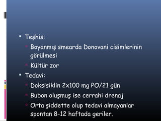  Teşhis:
   Boyanmış smearda Donovani cisimlerinin
   görülmesi
   Kültür zor
 Tedavi:
   Doksisiklin 2x100 mg PO/21 gün
   Bubon oluşmuş ise cerrahi drenaj
   Orta şiddette olup tedavi almayanlar
   spontan 8-12 haftada geriler.
 