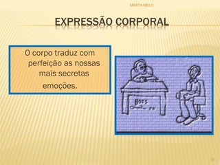 EXPRESSÃO CORPORAL
O corpo traduz com
perfeição as nossas
mais secretas
emoções.
12
MARTA MELO
 