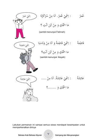 ُْ ‫اِْسيْعُم‬
          ‫ِ َر‬               ‫: اِْسيْعمُْ. اَنَاْمنْسراكرتَا‬
                                 َ َُ ِ ‫ِ ُ َر‬                          ‫ُ َر‬
                                                                        ُْ‫عم‬
                               ِ          ِ ِ
                             ‫ْْماْاْسُكْوْمنْاَينْاَنتْ؟‬
                                    َ       َ        َ
                           (sambil menunjuk Fatimah)




       ‫ِ ِ ِ َة‬
                           ‫: اِْسيْفَاطمةُْوْاَنَاْمنْونَاسبَا‬
                              َ َ
                                     ِ
                                             َ َ
                                                   ِ ِ              ‫ِ َة‬
                                                                   ُْ ‫فَاطم‬
      ُْ ‫اْسيْفَاطم‬
                                  ِ           ِ ِ
                               ‫ماْاْسُكْوْمنْاَينْاَنت؟‬
                                      َ          َ        َ
                             (sambil menunjuk „Aisyah)




        ‫ِ ِ َ َة‬
       ُْ ‫اْسيْعائِش‬          ....ْ‫: اِْسيْعائِش ُْ. اَنَاْمن‬
                                    ِ ‫َة‬
                                                    َ
                                                       ِ          ُْ ‫عائِش‬
                                                                   ‫َ َة‬
                                              ِ
                                   ‫ْْماْاْسُكْوْ.......؟‬
                                            َ        َ




Lakukan permainan ini sampai semua siswa mendapat kesempatan untuk
memperkenalkan dirinya


     Bahasa Arab Bahasa Alquran     ٧        Gampang dan Menyenangkan
 
