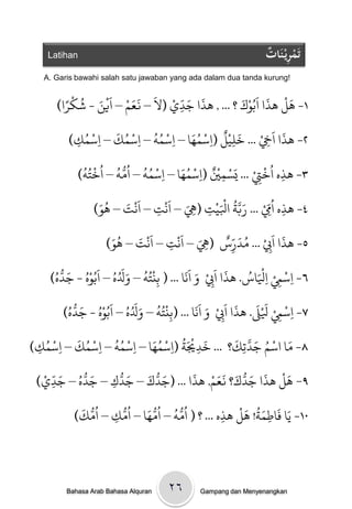 ‫‪Latihan‬‬                                                          ‫ْ ِ ات‬
                                                                      ‫تَمريْ نَ ٌُ‬
    ‫!‪A. Garis bawahi salah satu jawaban yang ada dalam dua tanda kurung‬‬

            ‫َ َ ّ ْ َ ََ ْ ْ َ ُ ْ‬
          ‫١- َل َذا اَةُِك ؟ ... , َذا جدي (ل – نعه – اَيي - صكرً‬
                                                 ‫َْ َ ْ َ‬
        ‫ا)‬                        ‫ِ‬
              ‫٢- َذا اَِخ ... رنيْل (اسىُا – اسىٍ – اسىك – اسىُ‬
           ‫ِ ك)‬
                ‫ْ‬    ‫ْ ُ َ‬   ‫ْ ُُ‬   ‫َ ٌ ْ َُ‬        ‫َ ِ ْ‬
            ‫ِ‬              ‫ِ‬      ‫ِ‬     ‫ِ‬    ‫ِ‬
                ‫ْ ُ ُ ُ ُّ ُ ُ ْ ُ ُ‬   ‫٣- َذه اُرِت ... يَسىي (اسىَُ‬
                                          ‫ْ‬    ‫ْ‬        ‫ِ ْ ْ‬
               ‫ْ ِ ٌ ِ ُ ا – اسىٍ – اوٍ – ارخٍ)‬
                                     ‫ِ‬                    ‫ِ‬

                   ‫)‬       ‫َ‬
                                   ‫ِ‬       ‫ِ ِ ّ ْ َ َّ ُ ْ َ ِ ِ َ‬
                     ‫٤- َذه اُِم ... ربث اْليْج (ِه – اًَْج – اًَْج – ََِ‬
                       ‫ُ‬

                           ‫)‬ ‫٥- َذا اَِب ... ودرس (ِه – اًَْج – اًَْج – ََِ‬
                                ‫ُ‬         ‫َ‬              ‫َ ْ ُ َ ٌّ ِ َ‬
                                                  ‫ِ‬               ‫ِ‬           ‫ِ‬

     ‫)‬
          ‫ْ ُ َ ُّ‬            ‫ُ َ َُ ُ‬                ‫َ ْ َ‬             ‫ْ ْ ْ ُ‬
        ‫٦- اسِم اْلَاس. َذا اَِب و اًََا ... ( ةنْخٍُ – وَله – اَةُِه - جدهُ‬
                                             ‫ِ‬                ‫ِ‬              ‫ِ ِ ِ‬

            ‫)‬
                ‫ْ ُ َ ُّ‬            ‫ُ َ َُ ُ‬                ‫َ ْ َ‬         ‫ْ ْ َ َ‬
              ‫٧- اسِم ْلْل. َذا اَِب و اًََا ... (ةنْخٍُ – وَله – اَةُِه - جدهُ‬
                                                ‫ِ‬               ‫ِ‬               ‫ِ ِ‬
      ‫ْ‬            ‫ْ ُ َ‬       ‫ْ ُُ‬         ‫َ ْ ُ ْ َُ‬
   ‫٨- وا اسه جدحك؟ ... ردْيَث (اسىُا – اسىٍ – اسىك – اسىُ‬
‫ِ ك)‬
                                                                    ‫َ ْ ُ َ َّ َ‬
 ‫ِ‬                       ‫ِ‬             ‫ِ‬            ‫ِ‬  ‫ِ‬              ‫ِ‬
     ‫َ ُّ ُ َ ّ‬   ‫َ ُّ‬ ‫َ ُّ َ‬  ‫َ ْ َ َ ُّ َ َ َ ْ َ‬
  ‫۹- َل َذا جدك؟ نعه, َذا ... (جدك – جدك – جده – جديْ‬
 ‫ِ )‬            ‫ِ‬
              ‫ُ ُّ َ‬   ‫۰۱- َ َاطىث! َل َذه ... ؟ ( اُوٍ – اُمُا – اُوُّ‬
                                ‫ُّ ُ ُّ َ‬               ‫َُ َْ‬
             ‫ك – اوك)‬‫ِ‬                               ‫ِ‬        ‫يا ف ِ‬




          ‫‪Bahasa Arab Bahasa Alquran‬‬     ‫٦۲‬       ‫‪Gampang dan Menyenangkan‬‬
 