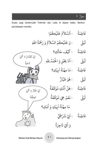 ‫حوارْ٢‬‫ِ‬
                                                                             ‫َ‬
‫‪Suatu pagi bertemulah Fatimah dan Laila di depan kelas. Berikut‬‬
‫.‪percakapan mereka‬‬


                                         ‫!‬ ‫/ اَلسالم عنَيْكهْ‬
                                              ‫ُ‬          ‫َّ َ ُ َ‬         ‫َ َُ‬
                                                                          ‫فاطىث‬   ‫ِ‬
                            ‫َ َ َ ْ ُ ُ َّ َ ُ َ َ ْ َ ُ‬                            ‫ََْ‬
                      ‫/ و عنيكه السالم و رَحث الل‬
                      ‫ِ‬                                                     ‫ْلل‬
                                                        ‫ََْ َ ُ‬           ‫َ َُ‬
                                                 ‫/ كيف خالك؟‬
                                                    ‫ِ‬                     ‫فاطىث‬
                                                                            ‫ِ‬
      ‫اَِبْبػُولِيسْوْاُميْ‬
        ‫َ ِّ‬
                                                ‫َْ َ ْ ْ‬
                                            ‫/ اًََا ِبْي و اْلَىدُ‬                  ‫ََْ‬
             ‫ِ َْ‬
             ‫تَاجرة‬
                                      ‫ِلل‬
                                      ‫ِ‬                      ‫ِ ٍ‬            ‫ْلل‬
                                                      ‫/ وا مٌَُث اَبيْ‬
                                                            ‫َ ْ ُ‬         ‫َ َُ‬
                                              ‫ِ ك؟‬‫ِ‬              ‫ِ‬        ‫فاطىث‬
                                                                              ‫ِ‬
                                                           ‫ُ َ َ َّ ٌ‬               ‫ََْ‬
                                                           ‫/ َِ طيار‬        ‫ْلل‬
                                           ‫َ ْ ُ ُّ ُ َ َّ َ ٌ‬            ‫َ َُ‬
             ‫اَِبْطَيَّارْوْاُميْ‬         ‫/ َل اوك مِظفث‬     ‫ِ‬            ‫فاطىث‬ ‫ِ‬
               ‫َ ِّ‬
                                            ‫َ َ ْ َ ُ َ َّ َ ٌ‬                      ‫ََْ‬
                   ‫َة‬ ‫موظَّ‬
                   ‫ُ َ فْ‬                   ‫/ نعه, ِه مِظفث‬    ‫ِ‬            ‫ْلل‬
                                     ‫وا مٌَُث اَبيْك و اُوّ‬
                                          ‫ِ َ‬              ‫َ ْ ُ‬
                                  ‫ِ ك؟‬
                                   ‫ِ‬                 ‫ِ‬           ‫ِ‬
                                                       ‫/ اَِب ُشطٌّ‬
                                                            ‫ِْ ُ ْ ِ‬
                                                                          ‫َ َُ‬
                                                                          ‫فاطىث‬
                                                                            ‫ِ‬
                                                   ‫َ ُّْ َ َ ٌ‬
                                                   ‫و اِم حاجرة‬
                                                         ‫ِ‬         ‫ِ‬

      ‫‪Bahasa Arab Bahasa Alquran‬‬        ‫۱٤‬        ‫‪Gampang dan Menyenangkan‬‬
 