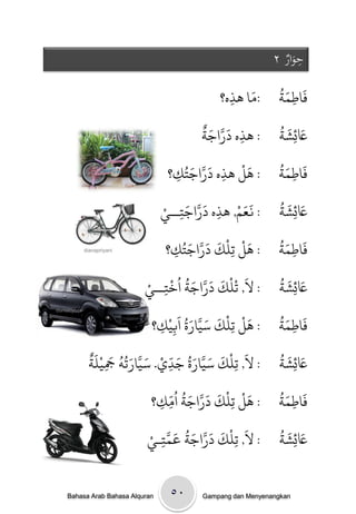 ‫حوارْ٢‬‫ِ‬
                                                                ‫َ‬
                                                   ‫َ‬         ‫َ َُ‬
                                             ‫/وا َذه؟‬
                                               ‫ِ‬             ‫فاطىث‬
                                                               ‫ِ‬
                                        ‫َ َّ َ ٌ‬             ‫َ َ ُ‬
                                        ‫/ َذه دراجث‬
                                                 ‫ِ‬           ‫َعئِضث‬
                                       ‫َ َّ َ‬   ‫َْ‬
                                     ‫/ َل َذه دراجخُ‬         ‫َ َُ‬
                                  ‫ك؟‬
                                   ‫ِ‬          ‫ِ‬              ‫فاطىث‬
                                                               ‫ِ‬

                                 ‫َ َ ْ ِ َ َّ َ ِ ْ‬          ‫َ َ ُ‬
                                 ‫/ نعه, َذه دراجخــي‬         ‫َعئِضث‬

                                 ‫ك؟‬ ‫/ َل حنْك دراجخُ‬
                                      ‫َ َ َّ َ‬   ‫َْ‬          ‫َ َُ‬
                                                             ‫فاطىث‬
             ‫‪dianapriyani‬‬
                                  ‫ِ‬            ‫ِ‬               ‫ِ‬

                            ‫/ ل, حْنْك دراجث اُرخــيْ‬
                                ‫ِ‬
                                  ‫َ َ َ َّ َ ُ ْ‬             ‫َ َ ُ‬
                                                             ‫َعئِضث‬
                                ‫/ َل حنْك سيارة اَبيْ‬
                                      ‫َ َ َّ َ ُ‬   ‫َْ‬        ‫َ َُ‬
‫‪duniacyber‬‬


                             ‫ِ ك؟‬
                              ‫ِ‬                  ‫ِ‬           ‫فاطىث‬
                                                               ‫ِ‬
              ‫َ ْ َ َ َّ َ ُ َ ّ ْ َ َّ َ ُ ُ َ ْ َ ٌ‬        ‫َ َ ُ‬
              ‫/ ل, حِنك سيارة جدي. سيارحٍ َجينث‬
                    ‫ِ‬              ‫ِ‬                         ‫َعئِضث‬
                                ‫/ َل حنْك دراجث اُوّ‬
                                     ‫َ َ ُ‬
                             ‫َّ َ ِ ك؟‬
                                                ‫َْ‬           ‫َ َُ‬
                                                             ‫فاطىث‬
                              ‫ِ‬               ‫ِ‬                ‫ِ‬

                            ‫/ ل, حِنْك دراجث عىخـيْ‬
                               ‫ِ‬
                                 ‫َ َ َ َّ َ ُ َ َّ‬           ‫َ َ ُ‬
                                                             ‫َعئِضث‬


    ‫‪Bahasa Arab Bahasa Alquran‬‬    ‫۰٥‬     ‫‪Gampang dan Menyenangkan‬‬
 