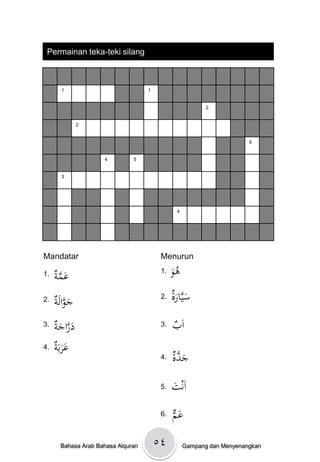 Permainan teka-teki silang



        1                           1


                                                           2


                2


                                                                        6


                     4         5


        3




                                                4




Mandatar                                 Menurun

1.
     ‫َ َّ ة‬
     ْ ‫عم‬                                1. ‫ُو‬
                                            َْ ‫ى‬
                                         2. ْ َّ‫س‬
                                             ‫َ يارة‬
2.
     ‫َ َّ ة‬
     َْ‫جوال‬                                    َ
3.
     ‫َ َّ َ ة‬
     ْ ‫دراج‬                              3.   ‫ب‬
                                              ْ َ‫ا‬
4.   ‫ََ ة‬
     َْ‫عرب‬
                                         4.   ‫َ َّة‬
                                              ْ‫جد‬
                                         5.   ‫ت‬
                                              َْ ‫اَن‬
                                         6.   ‫َم‬
                                              ْ‫ع‬

       Bahasa Arab Bahasa Alquran       ٥٤          Gampang dan Menyenangkan
 